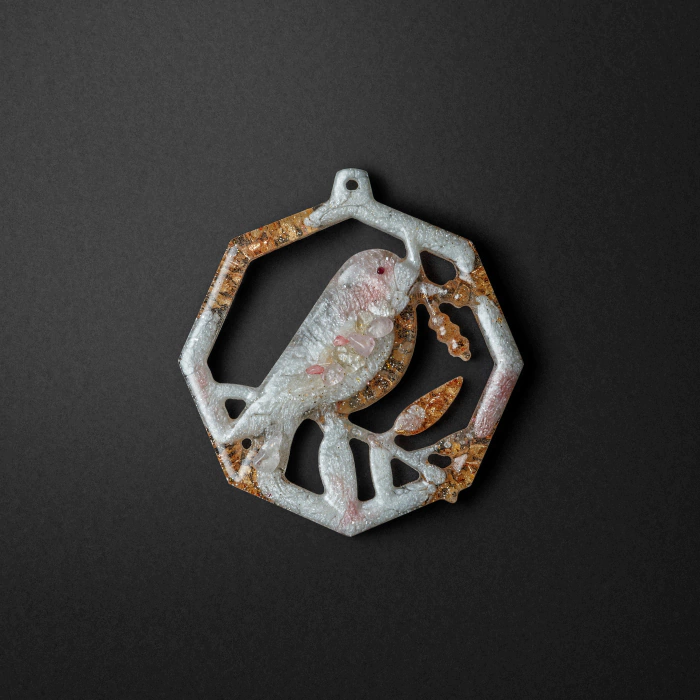 Christmas tree toy with rose quartz "Bullfinch" collection "Stories"